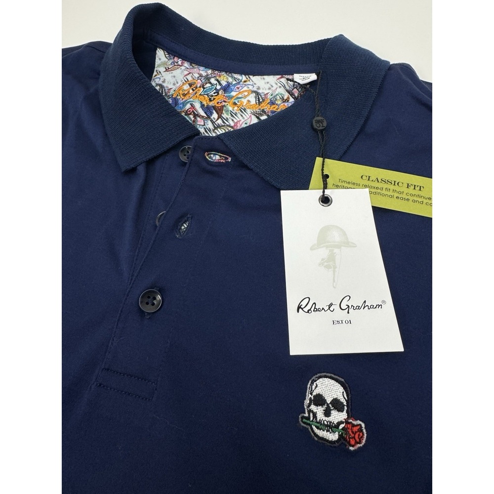 NWT Robert Graham ARCHIE Skull Golf Polo Shirt Navy Blue Men's Size Large $98